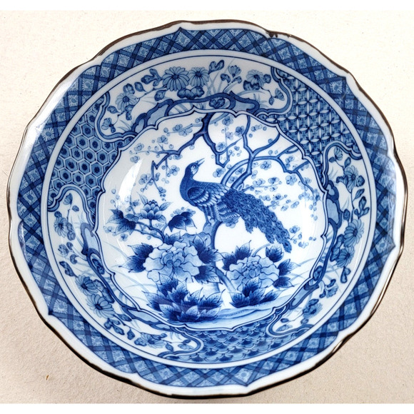 Vintage Andrea By Sadek Japan Porcelain Blue & White Peacock Design Bowl 7.5'' - Picture 1 of 11